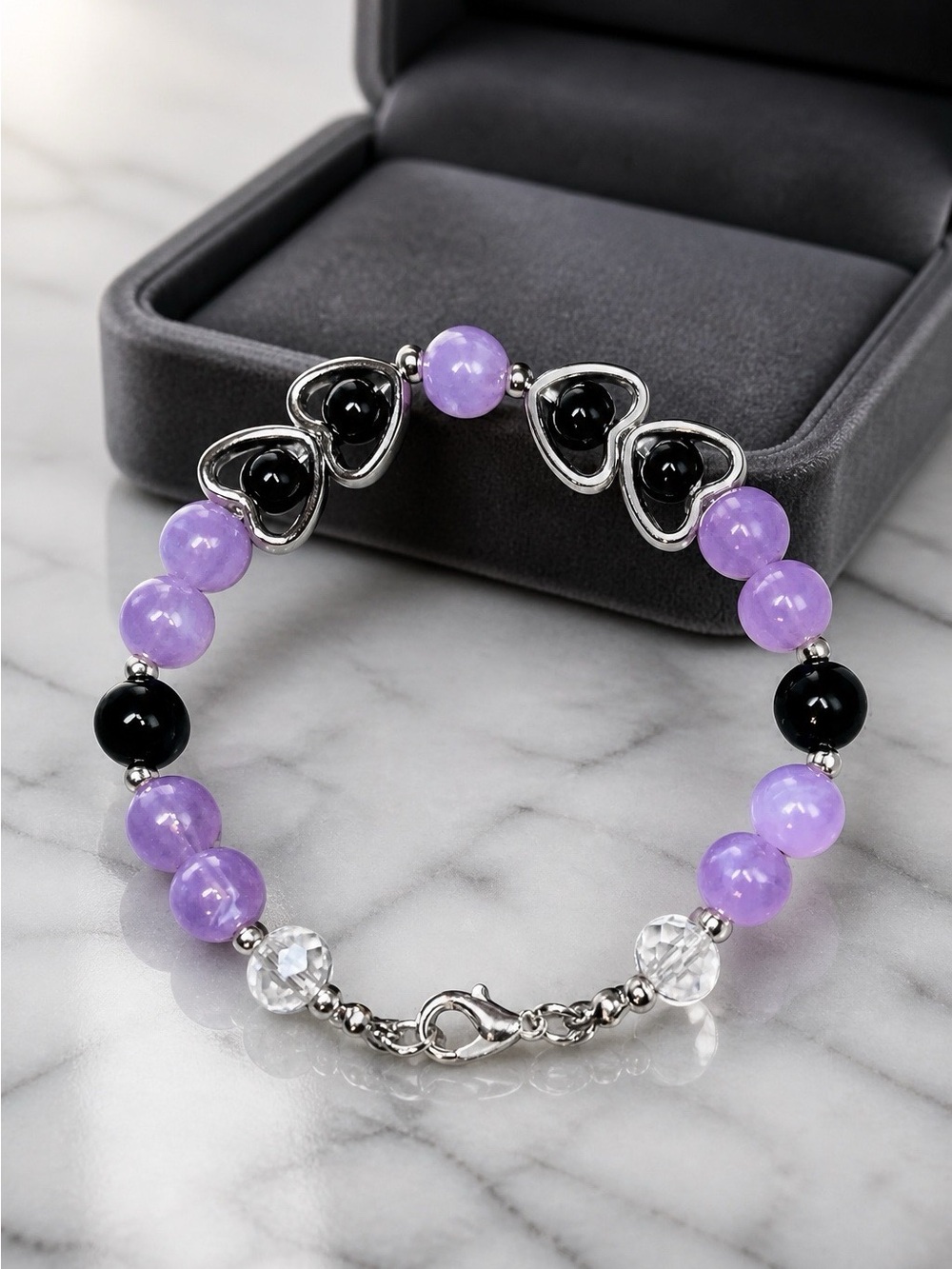 Lavender & Black Heart Bead Bracelet - Women's Fashion Jewelry